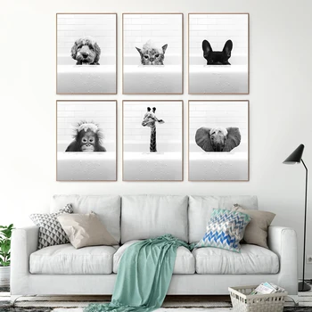 Lõuend Maali Loomade Plakat Ja Print Koer, Elevant, Kaelkirjak Orangutang Seina Art Pilt Laste Vannitoa-Wc-Home Decor