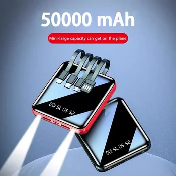 50000mAh Power Bank Peegel Digitaalne Ekraan Sisseehitatud Juhe Mobiil Toide Kompaktne Kaasaskantav mobiiltelefon Tarvikud